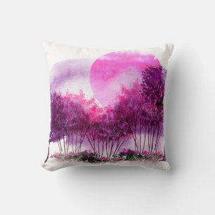 pink, purple silhouette of trees against the backg cushion