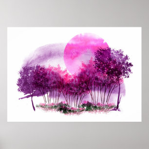 pink, purple silhouette of trees against the backg poster