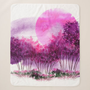 pink, purple silhouette of trees against the backg sherpa blanket