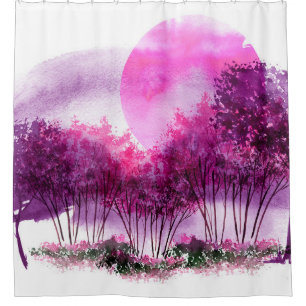 pink, purple silhouette of trees against the backg shower curtain