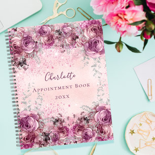 Pink purple silver florals name script 2022 planner