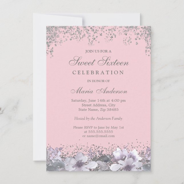 Pink Purple Silver Glitter Sweet 16 Invite (Front)