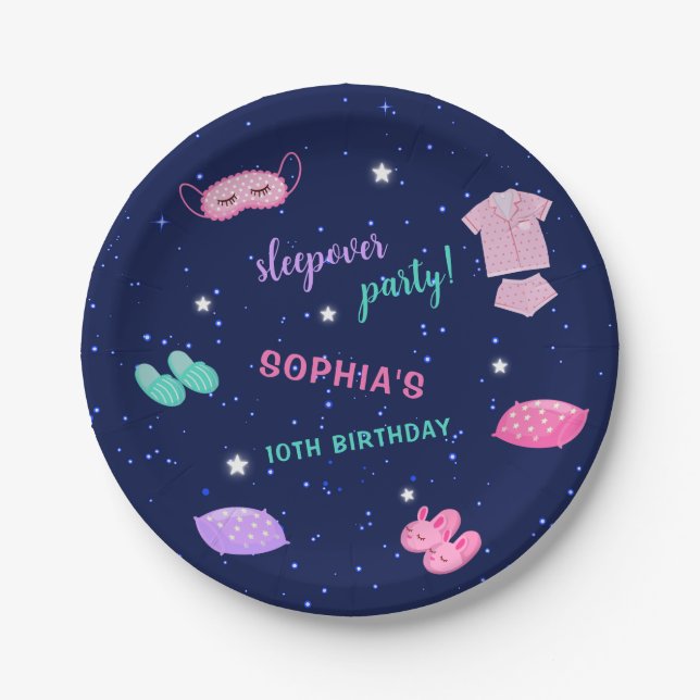 Pink Purple Sleepover Birthday Party Stars Paper Plate (Front)