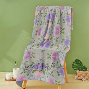 pink purple soft blossom flower with pistachio dot beach towel