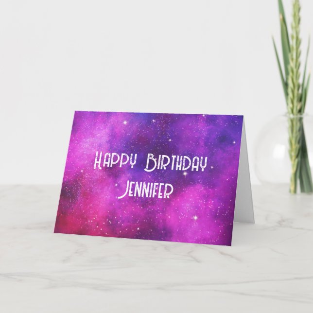 Pink & Purple Space & Stars Faux Galaxy Birthday Card (Front)