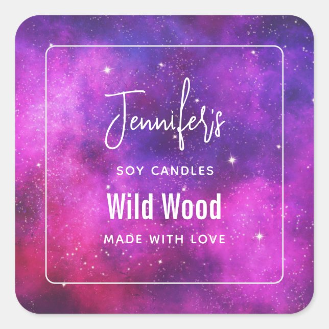 Pink & Purple Space & Stars Faux Galaxy Candle Biz Square Sticker (Front)