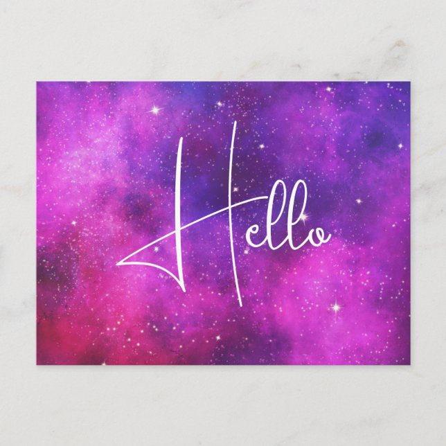 Pink & Purple Space & Stars Faux Galaxy Hello Postcard (Front)