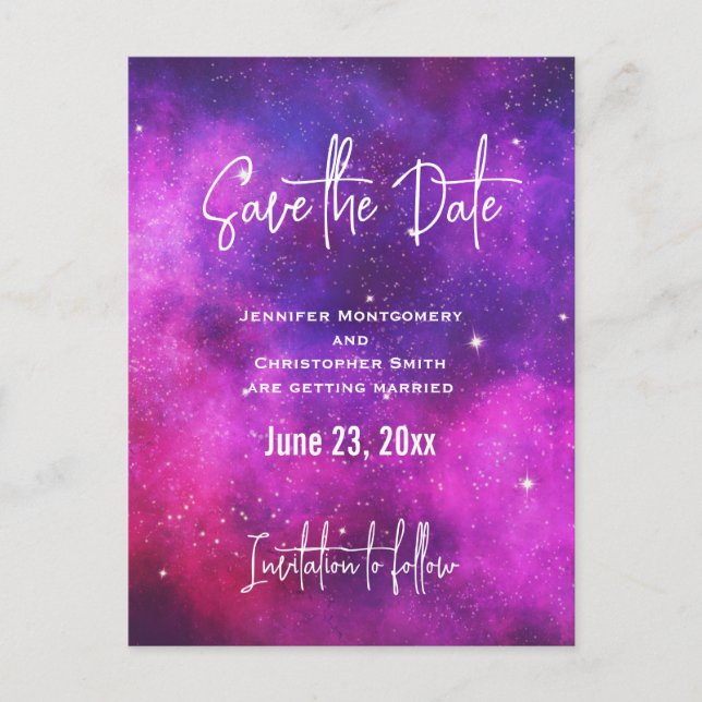 Pink & Purple Space & Stars Galaxy Save the Date Invitation Postcard (Front)