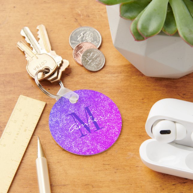 Pink Purple Sparkle Glitter Elegant Personalised  Key Ring (Desk)