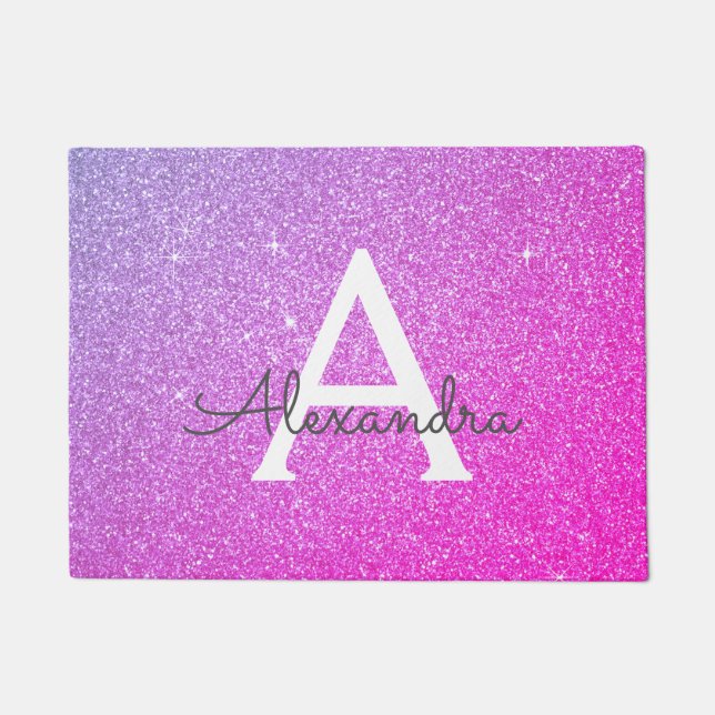 Pink Purple Sparkle Glitter Monogram Name Doormat (Front)