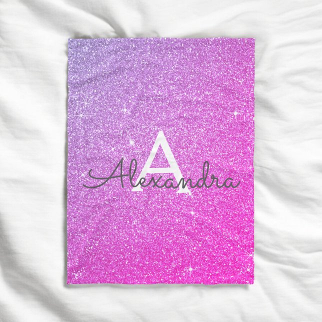 Pink Purple Sparkle Glitter Monogram Name Fleece Blanket (Creator Uploaded)