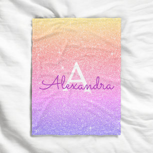 Pink Purple Sparkle Glitter Monogram Name Fleece Blanket