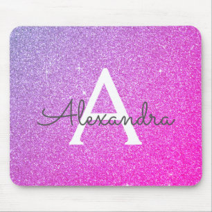 Pink Purple Sparkle Glitter Monogram Name Mousepad