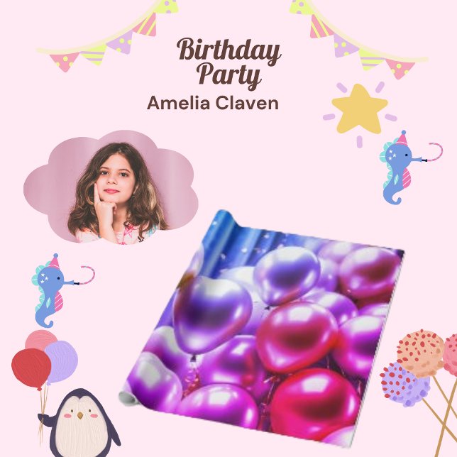  Pink & Purple Sparkling Balloon,  Birthday Party Wrapping Paper (Creator Uploaded)