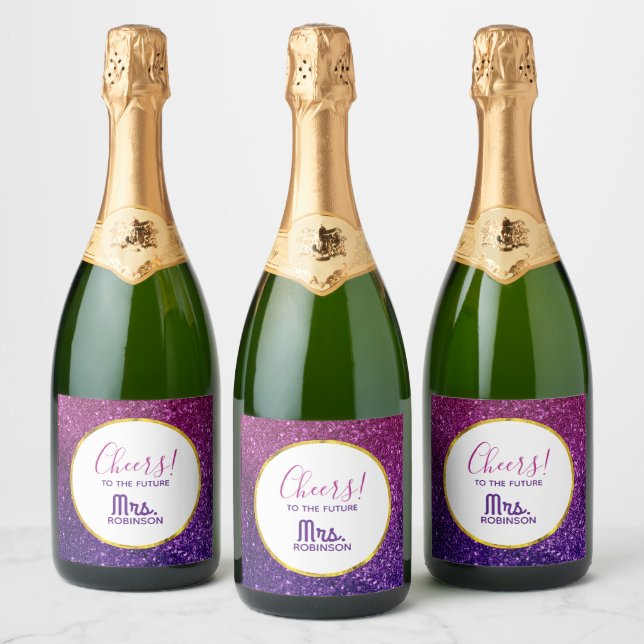 Pink & Purple Sparkling Glitter Gemstones Cheers Wine Label (Bottles)