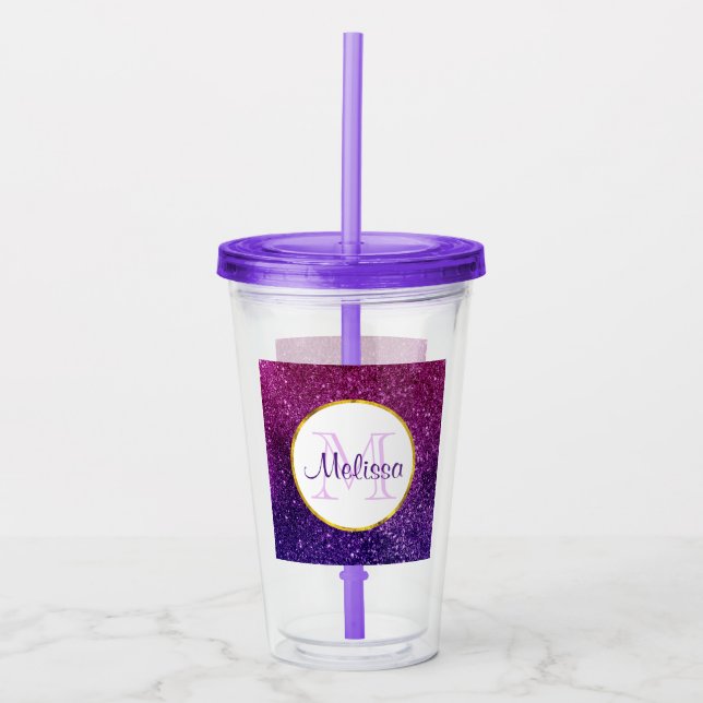 Pink & Purple Sparkling Glitter Gemstones Monogram Acrylic Tumbler (Front)
