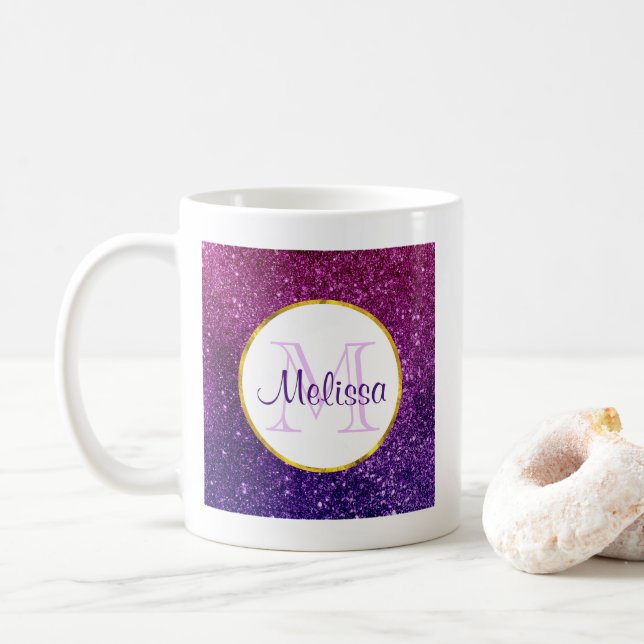 Pink & Purple Sparkling Glitter Gemstones Monogram Coffee Mug (With Donut)