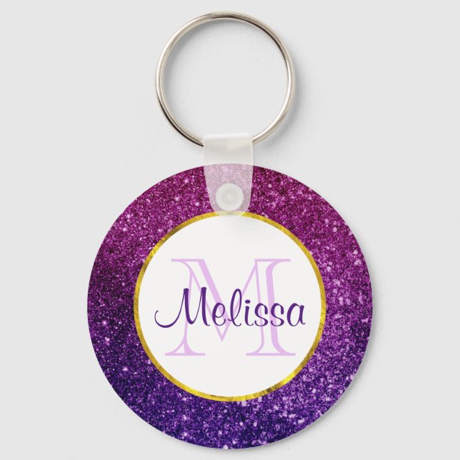 Pink & Purple Sparkling Glitter Gemstones Monogram Key Ring (Front)