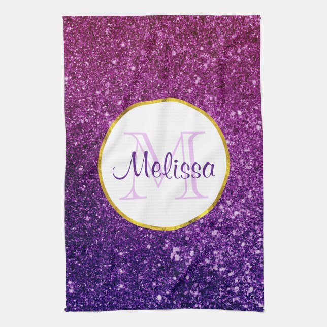 Pink & Purple Sparkling Glitter Gemstones Monogram Tea Towel (Vertical)