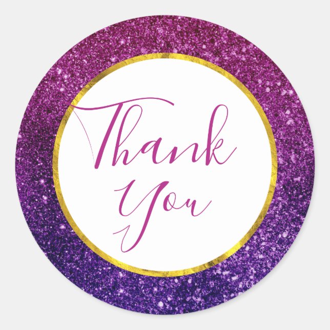 Pink Purple Sparkling Glitter Gemstones Thank You Classic Round Sticker (Front)