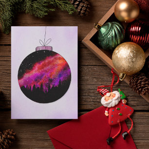 Pink Purple Starry Night Wood Christmas Ball Holiday Card