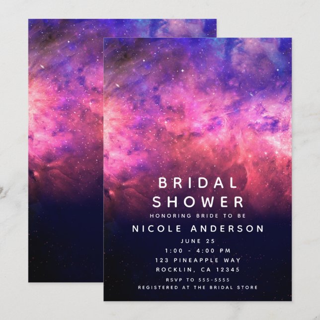 Pink Purple Starry Sky Cosmic Galaxy Bridal Shower Invitation (Front/Back)
