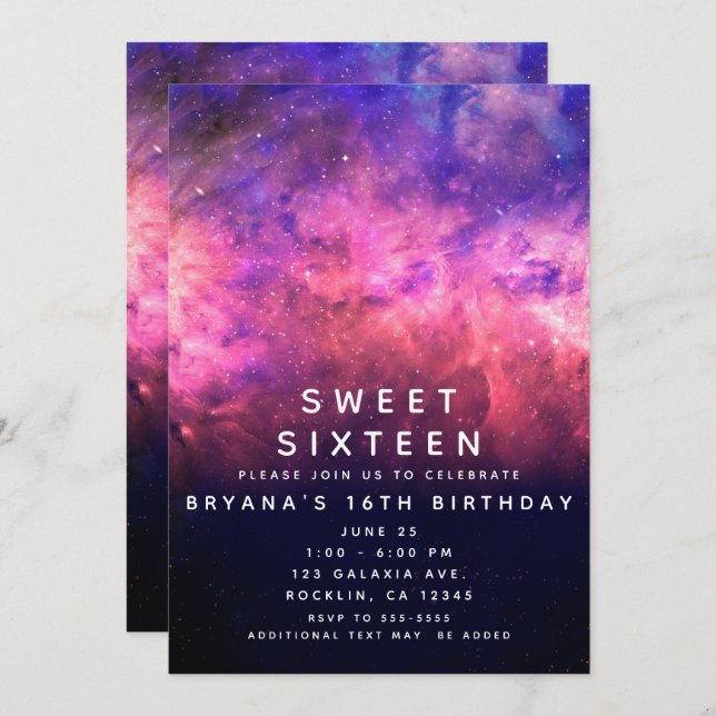 Pink Purple Starry Sky Cosmic Galaxy Sweet 16 Invitation (Front/Back)