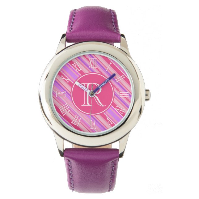 Pink, purple stripes graphic monogram girls watch (Front)