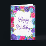 Pink Purple Summer Floral Happy Birthday Card<br><div class="desc">Send your July or August Birthday wishes with this beautiful summer floral design. Carefree purple,  pink and orange flowers are tucked into sweet green foliage. Happy Birthday is written in a pretty purple script.</div>