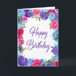 Pink Purple Summer Floral Happy Birthday Card<br><div class="desc">Send your July or August Birthday wishes with this beautiful summer floral design. Carefree purple,  pink and orange flowers are tucked into sweet green foliage. Happy Birthday is written in a pretty purple script.</div>