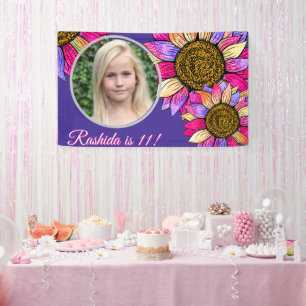 Pink & Purple Sunflower Watercolor Birthday Party Banner