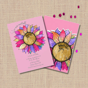 Pink & Purple Sunflower Watercolor Birthday Party Invitation