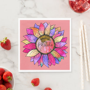Pink & Purple Sunflower Watercolor Birthday Party Napkin