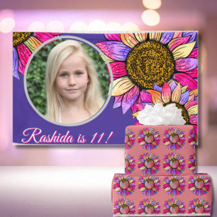Pink & Purple Sunflower Watercolor Birthday Party Wrapping Paper