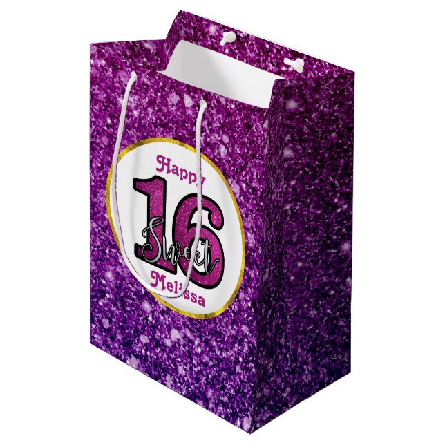 Pink & Purple Sweet 16 Sparkle Glitter Gemstones Medium Gift Bag (Front Angled)