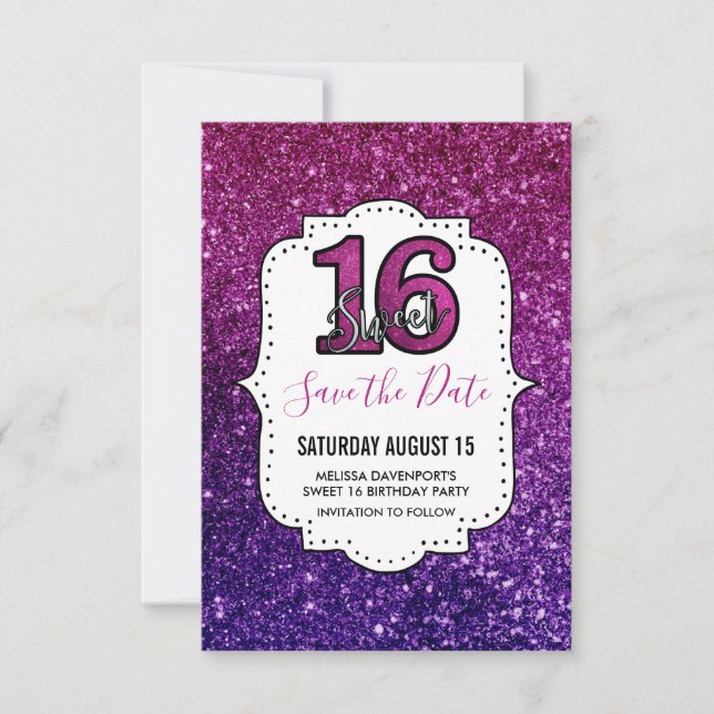 Pink & Purple Sweet 16 Sparkle Glitter Gemstones Save The Date (Front)