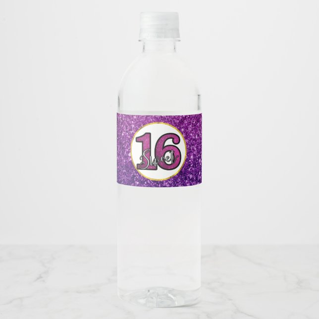 Pink & Purple Sweet 16 Sparkle Glitter Gemstones Water Bottle Label (Front)