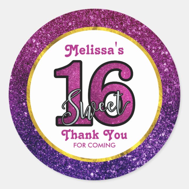 Pink & Purple Sweet 16 Sparkle Glitter Thank You Classic Round Sticker (Front)