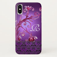 PINK PURPLE SWIRLS,BERRIES FLORAL DAMASK MONOGRAM