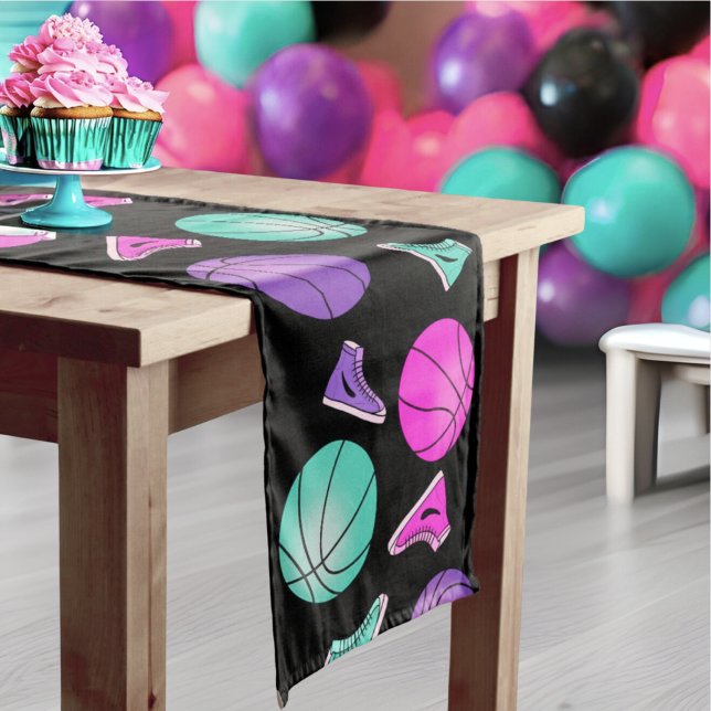 Pink Purple Teal Basketball Sneakers Birthday Medium Table Runner (Creator Uploaded)