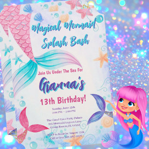 Pink Purple Teal Mermaid Splash Birthday Party Invitation