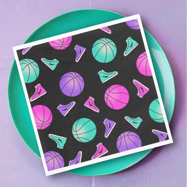 Pink Purple Teal Neon Basketball Sneakers Birthday Napkin (Creator Uploaded)