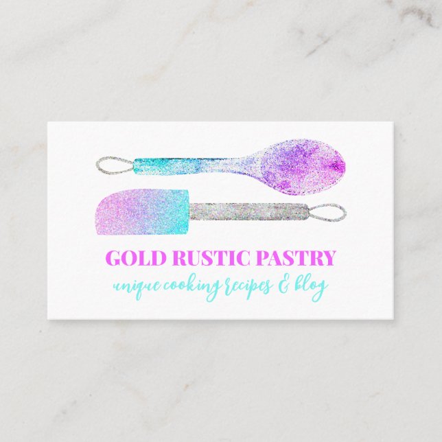 Pink Purple Teal Pastry floral glitter spoon chef Business Card (Front)