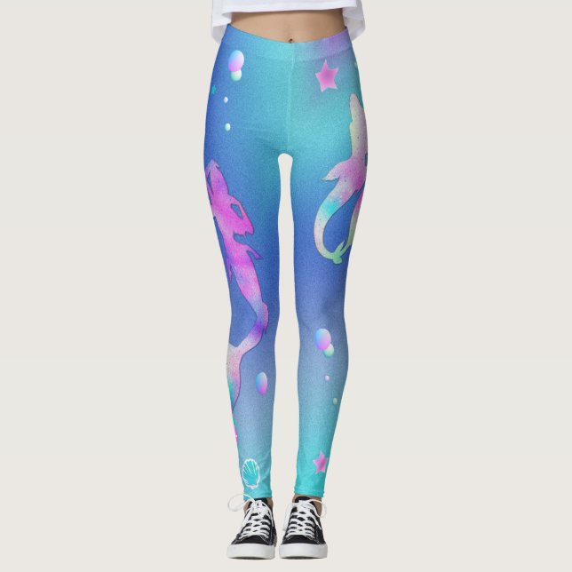 Pink Purple Teal Sea Ocean Mermaids Monogram Girl Leggings (Front)