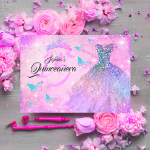 Pink Purple Teal Sparkle Dress Quinceanera  Invitation