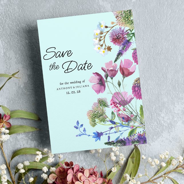  Pink Purple Teal Wildflower Summer Save the Date  Invitation (Pink Purple Teal Wildflower Summer Save the Date)
