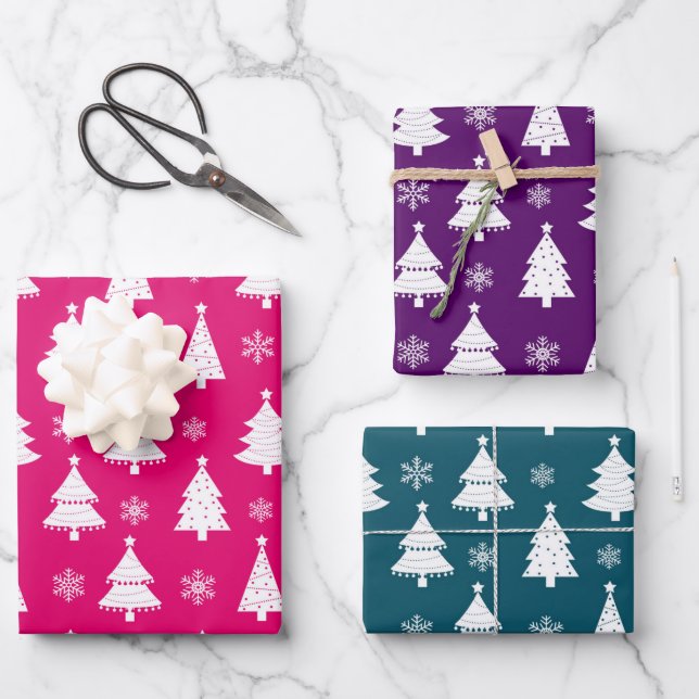Pink, Purple & Teal Winter Christmas Tree Pattern Wrapping Paper Sheet (Front)