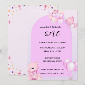 Pink Purple Teddy Bear 1st Birthday Invitation