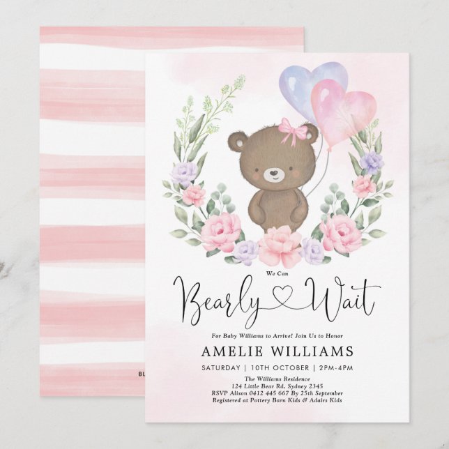 Pink Purple Teddy Bear Balloons Girl Baby Shower Invitation (Front/Back)