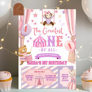 Pink Purple The Greatest ONE circus Girl Birthday Invitation